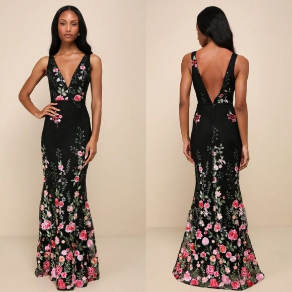 LULU'S SOIREE BLOSSOM BLACK FLORAL EMBROIDERED MERMAID MAXI DRESS SIZE SMALL - Picture 1 of 5